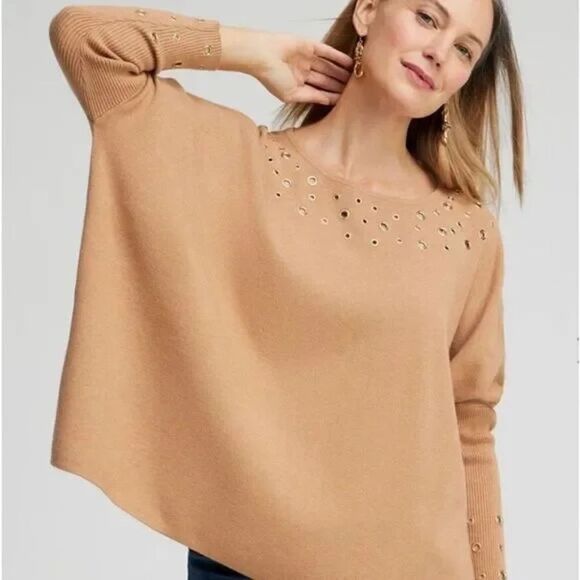 Chico's Crew Neck Grommet Sweater Poncho Women's Size S/M Camel Long Sleeves - Picture 1 of 11